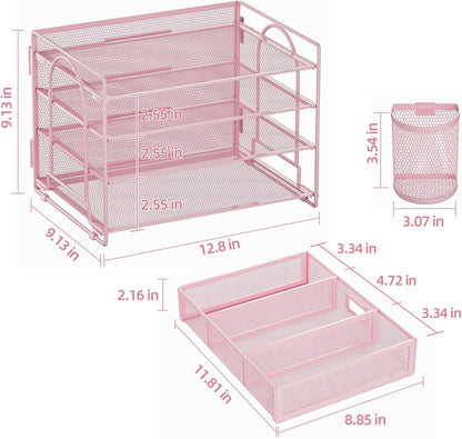 Marbrasse Desk Organizer and Accessories，4-Tier Paper Letter Tray Organizer with File Holder，Desk Accessories & Workspace Desktop Organizers for School Home Office Supplies (Blue)
