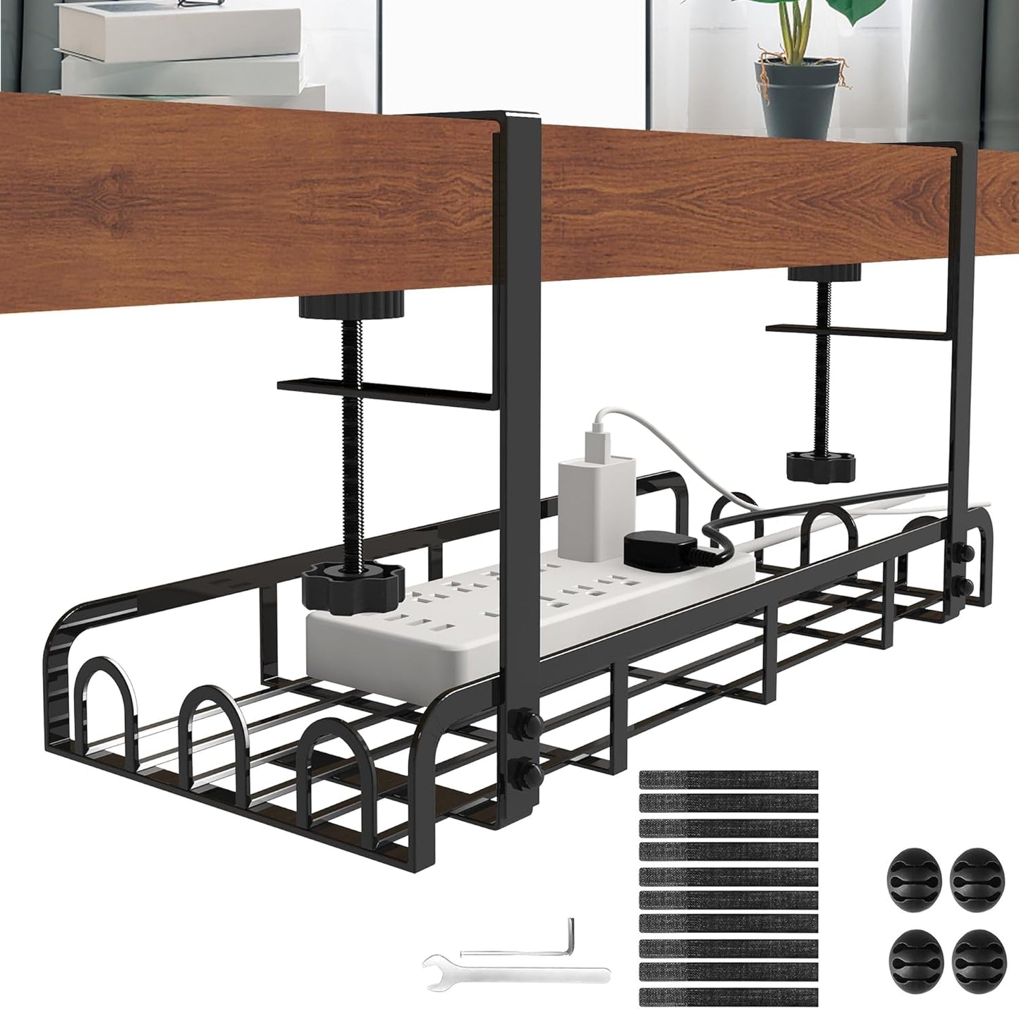 Sleclean Under Desk Cable Management Tray, 2 Pack, 16.6"x4.7" Steel Cable Organizers With Upgraded Long Arm Clamp, No Drill Wire Management for Home - No Damage to Desk