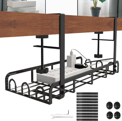 Sleclean Under Desk Cable Management Tray, 2 Pack, 16.6"x4.7" Steel Cable Organizers With Upgraded Long Arm Clamp, No Drill Wire Management for Home - No Damage to Desk