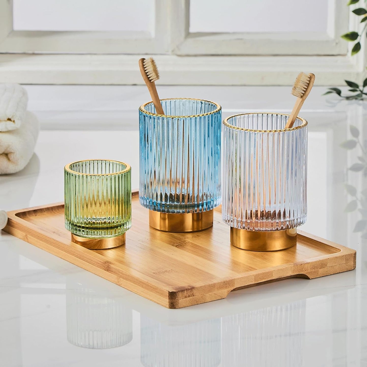 Makeup Brush Holder Organizer,Toothbrush Holders,Desk Pen Pencil Holder,Multifunctional Vintage Glass Brush Cup（L/Green/A3-6-US）