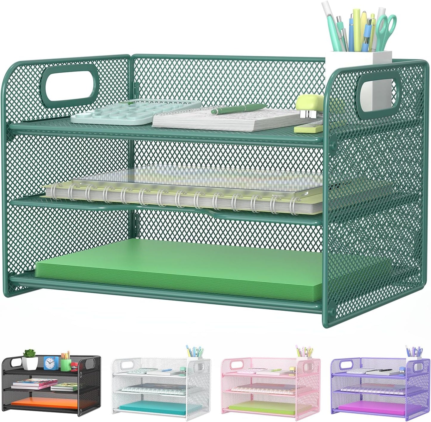 Samstar 3 Tier Letter Tray Paper Organizer with Handle, Mesh Desk Organizer Paper Sorter File Rack Shelves, Black
