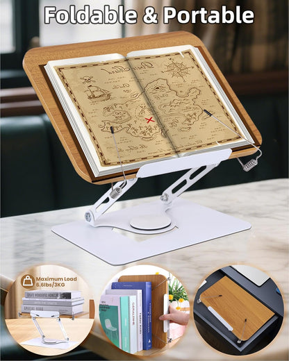 ASIEIT Desk Clamp Book Stand, Aluminum Book Holder Adjustable Height & Angle, Cookbook Stand for Kitchen, Recipe Book Holder with 360° Swivel Base, Book Stand for Reading, Office, Laptop