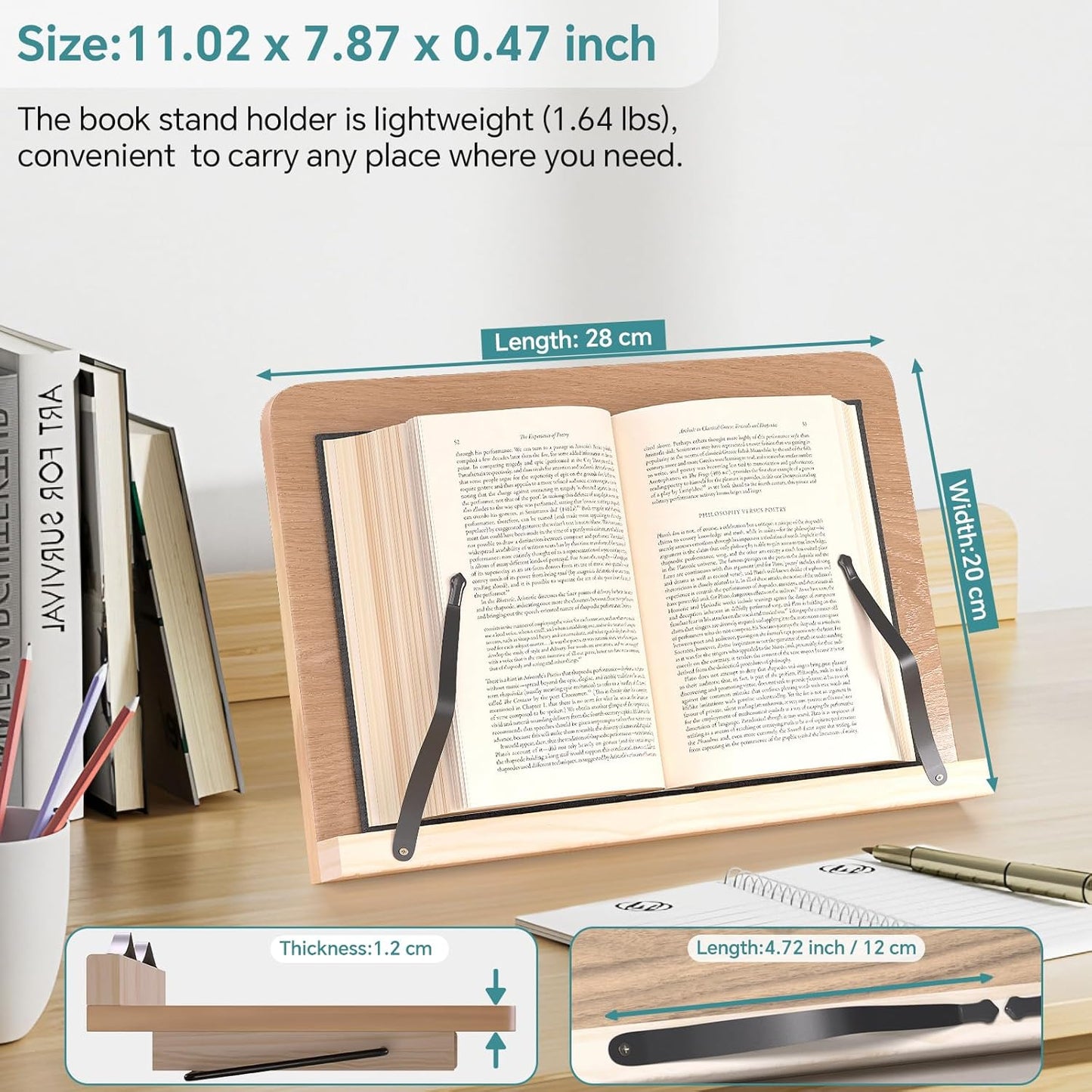 Book Stand for Reading,8 Adjustable Height Holder Tray with Page Clips for Textbook/Cookbook/Music Scores/Tablet/,Lightweight Reading Hands Free Desktop Document Book Mount,Bamboo Holder-Oak Brown