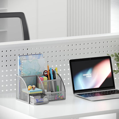EasyPAG Mesh Desk Organizer with Drawer Multi-functional Pen Holder Stationery Organizer for Office School Supplies 6 Compartments Dorm Organizers and Storage for Desk, Black