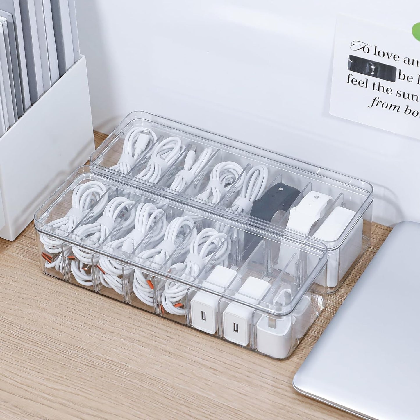 Cord Storage Organizer for Desk Drawer, Plastic Adjustable Cable Organizer Box with Lid and Wire Ties, Clear Phone Charger Case for Home Office