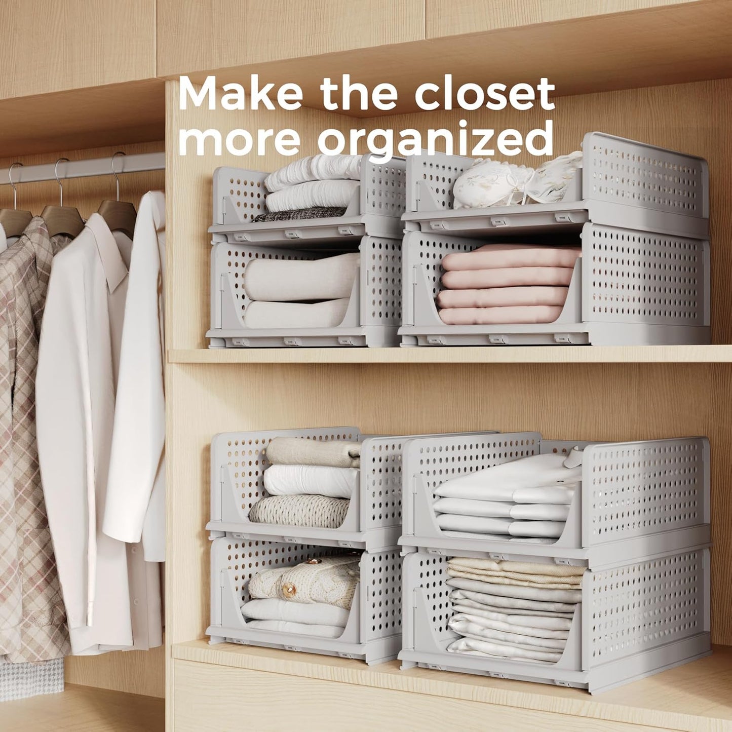 Pinkpum 5 Pack Stackable Plastic Storage Closet Organizers and Storage Bins Drawer Shelf Storage Container for Wardrobe Cupboard Kitchen Bathroom Office White
