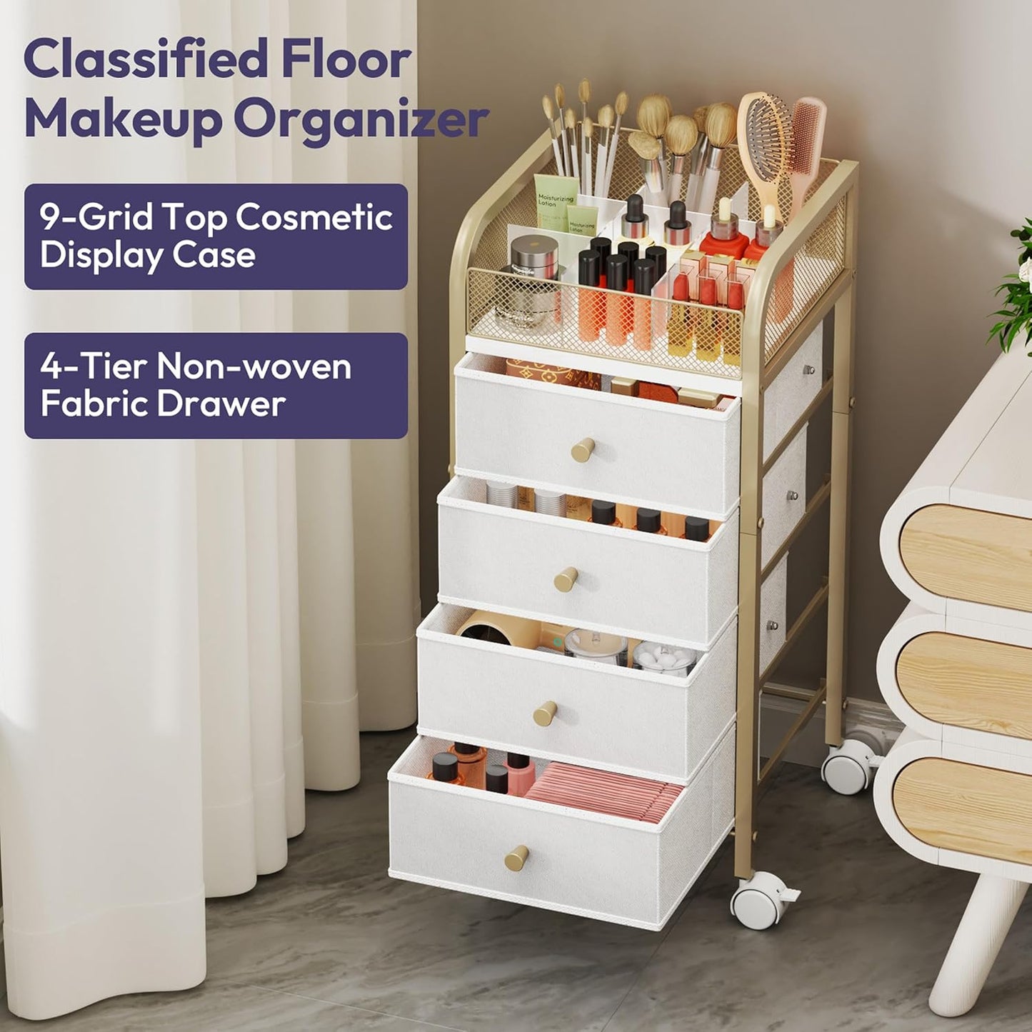 SWTYMIKI Rolling Makeup Organizer Cart - Under Desk Vanity Makeup Storage with 3 Non-woven Drawers, Nail Cart Organizer Cosmetic Display Cases Cabinet for Skin Care Perfume Nail Polish Brush Hair Tool