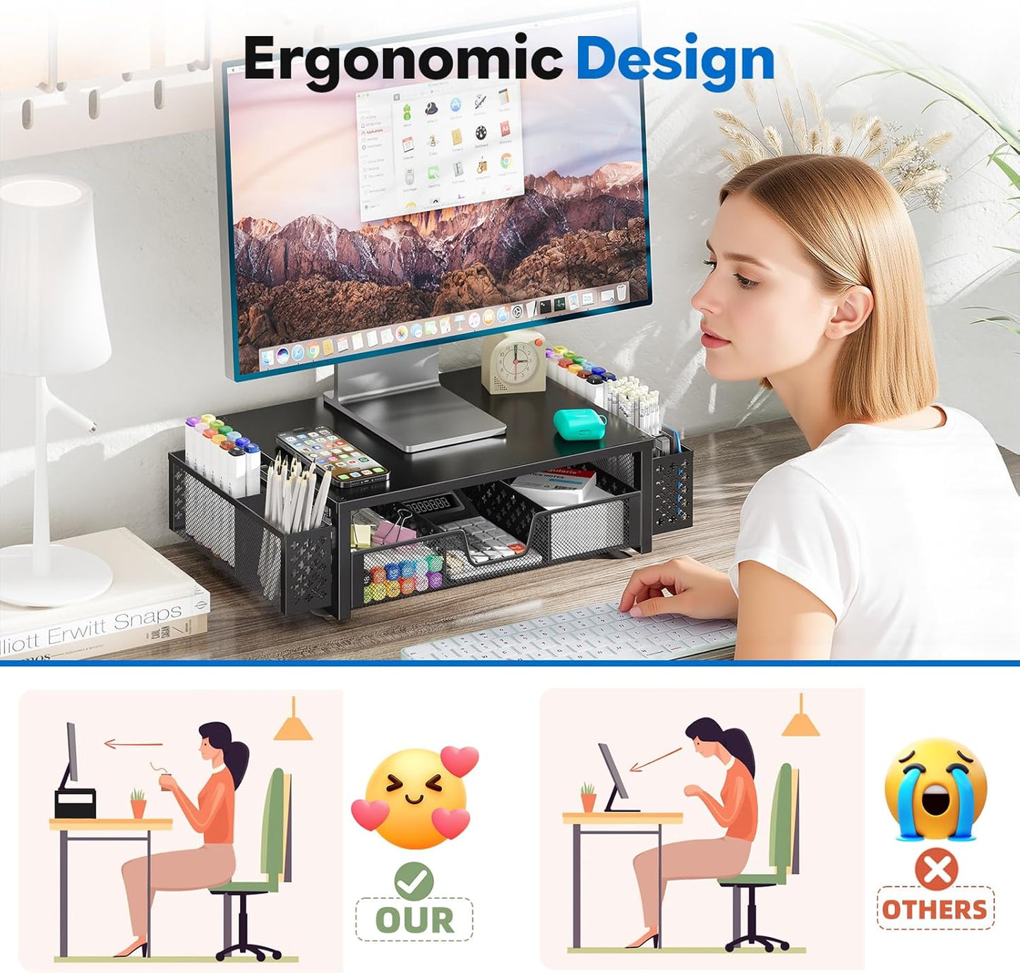 Simple Trending Desk Organizer and Accessories, Computer Metal Monitor Stand Riser with Drawer and Pen Holder for Laptop, Computer, iMac, Black