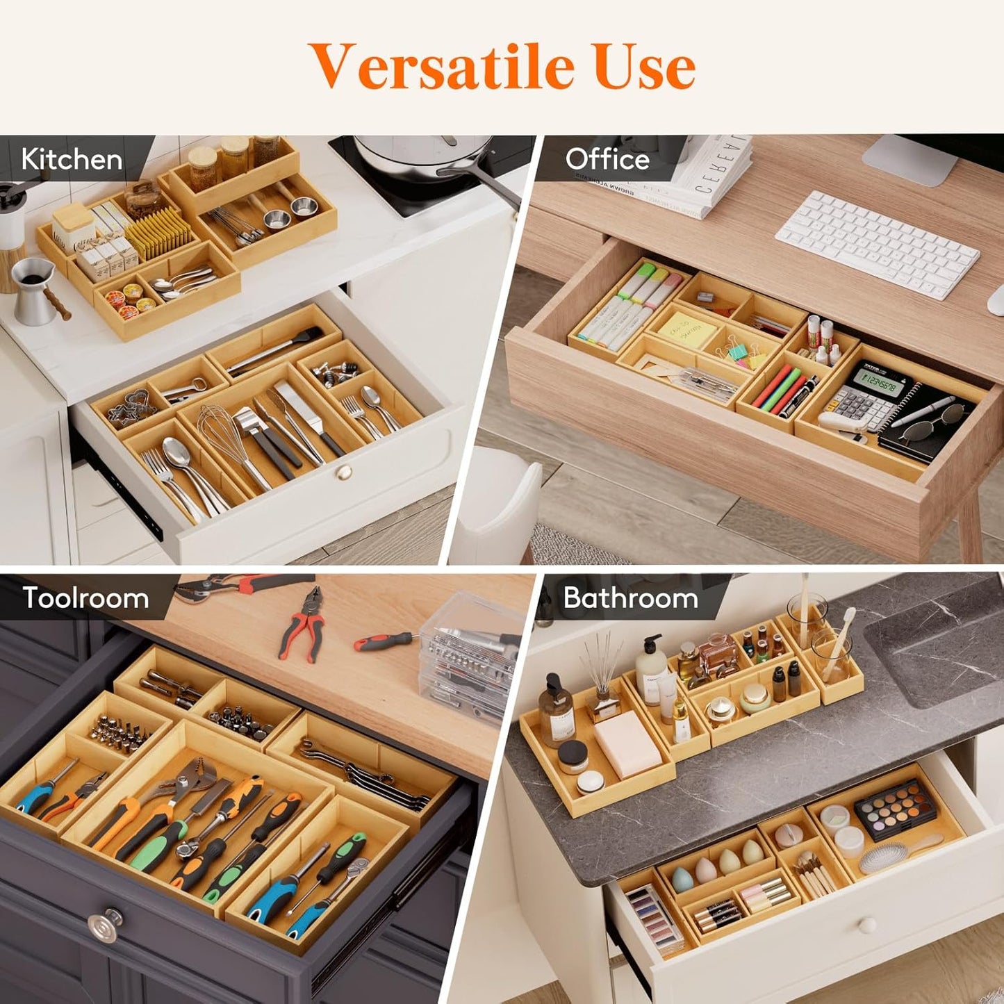 Lifewit Drawer Organizers 5 Pack(11 Grid) with 6 Inserts, Adjustable Bamboo Wooden Drawer Dividers, Stackable Storage Box for Utensils, Silverware, Makeup, Junk in Kitchen/Bathroom/Office/Vanity