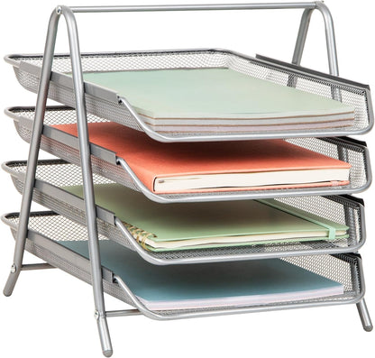 Mind Reader 4-Tier Paper Tray, Desktop Organizer, File Storage, Workspace, Office, Metal Mesh, 12"L x 13.75"W x 12.5"H, Black