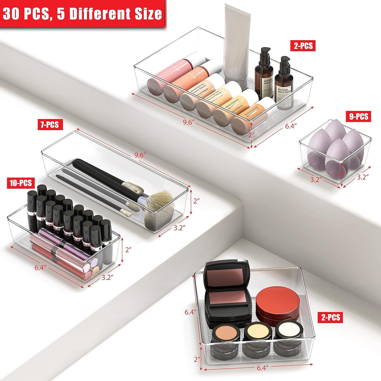 Simple Houseware 20 PCS Clear Plastic Drawer Organizers Set, 5-Size for Makeup, Bathroom, Bedroom and Office