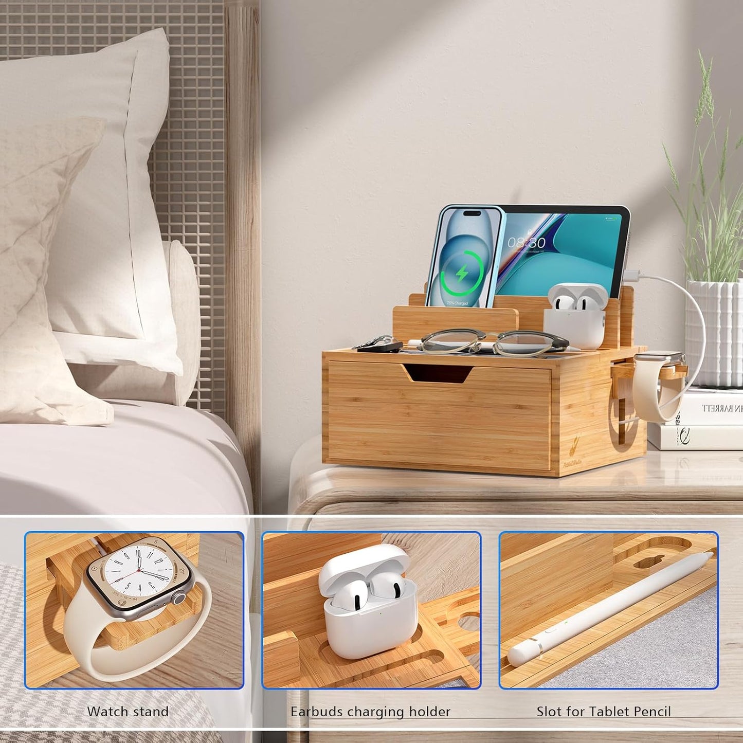 Pezin & Hulin Bamboo Charging Station for Multi Device with 5 USB Charger HUB, Phone Docking Station with Lined Tray & Drawer(Include 5 Charger Cables)-Black