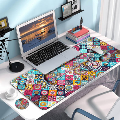Keyboard Wrist Rest + Mouse Pad with Wrist Support + Desk Mat + Coaster 4 in 1 Set, XXL Large Gaming Mousepad Cute Ergonomic Mouse Pads for Desk Computer Laptop Office Decor-Beach