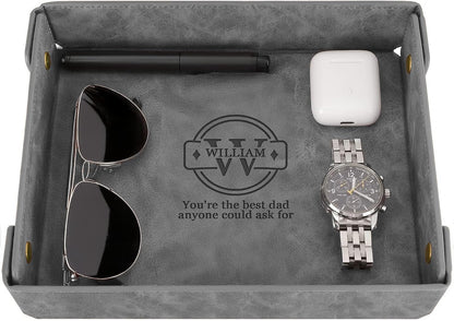 Engraved Leather Valet Tray for Men – Personalized Catchall with Custom Name for Desk, Dresser, Nightstand – Men's Organizer Tray for Keys, Wallet, Jewelry, Personalized Gift for Home, Office - Coffee