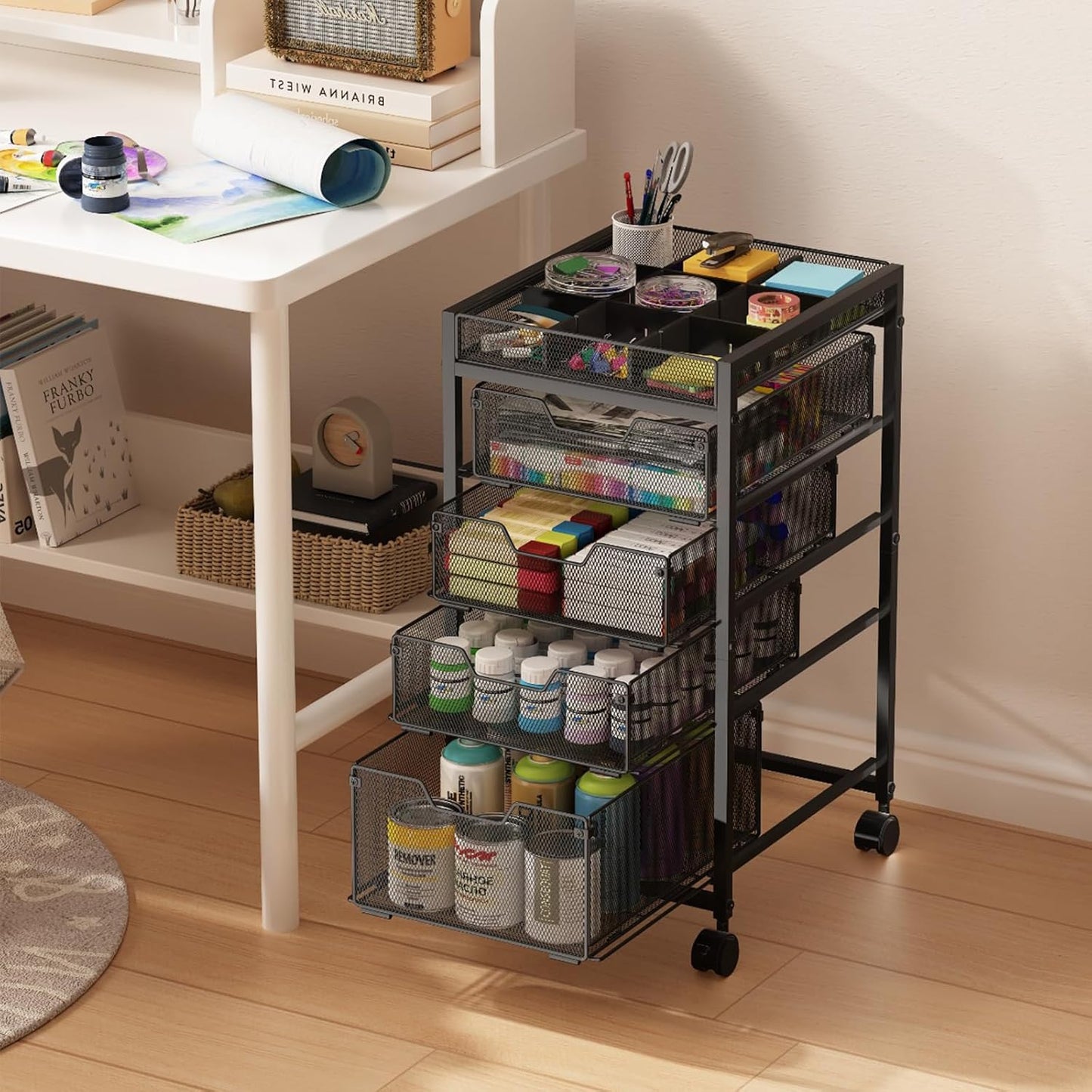 Rolling Utility Cart with 3 Drawers, Craft Organizer and Storage with DIY Divider, Lockable Wheels, Multi-Functional Storage for Art Supplies, Store for Brushes & Paints & Small Parts(Patent Pending)