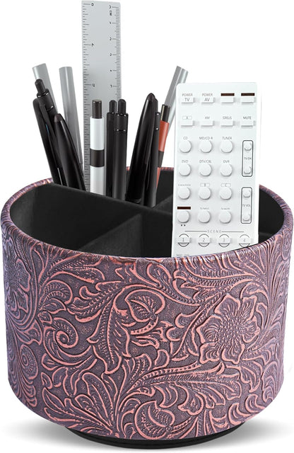 lizimandu Round Leather Art Supply Organizer,Remote Control Holder,360 Degree Spinning,Multi-Functional Pencil Holder,4 Compartments Desktop Stationary Organizer(1-Gold) - Colors B
