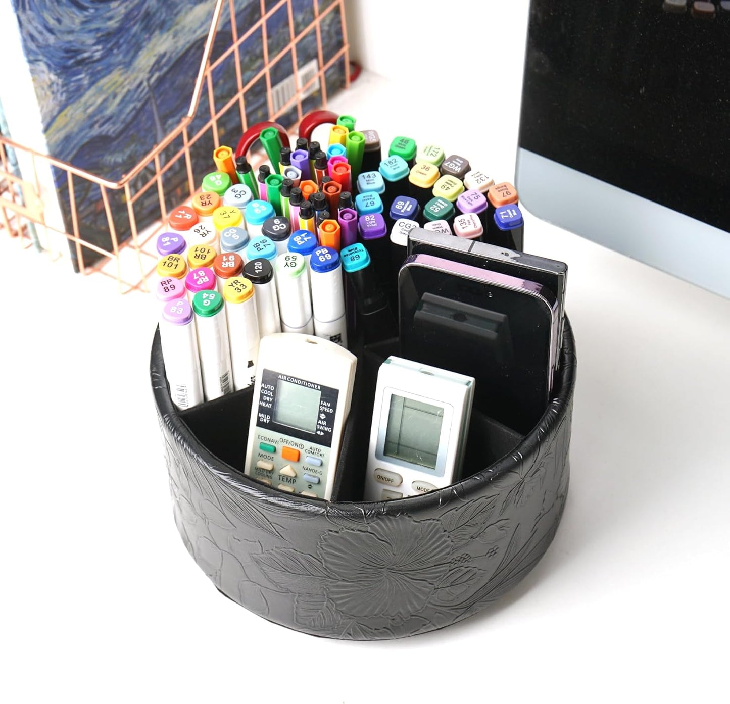 lizimandu Round Leather Art Supply Organizer,Remote Control Holder,360 Degree Spinning,Multi-Functional Pencil Holder,4 Compartments Desktop Stationary Organizer(1-Gold) - Colors B
