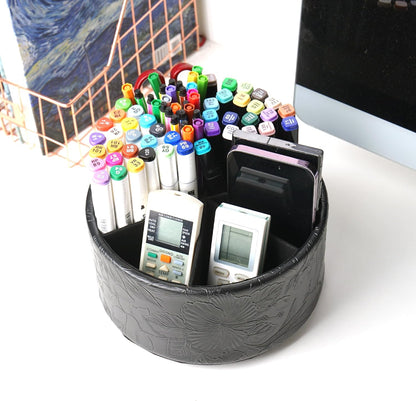 lizimandu Round Leather Art Supply Organizer,Remote Control Holder,360 Degree Spinning,Multi-Functional Pencil Holder,4 Compartments Desktop Stationary Organizer(1-Gold) - Colors B