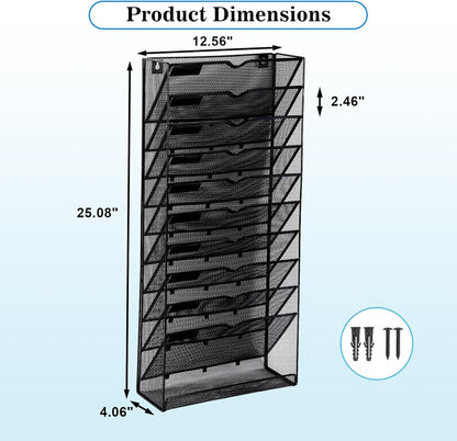 EASEPRES Desk File Organizer Mesh 6-Tier, Hanging Wall Mount Document Organization Stand, Desktop Vertical Mail Paper Folder Holder Rack with Bottom Tray for Office Home Cubicle Countertop, Black