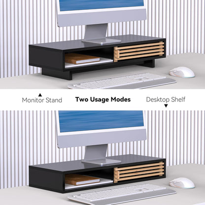 Monitor Stand Riser with Sliding Door, Computer Laptop Stand Desk Shelf Organizer with Storage (Natural Bamboo, 25 Inch)