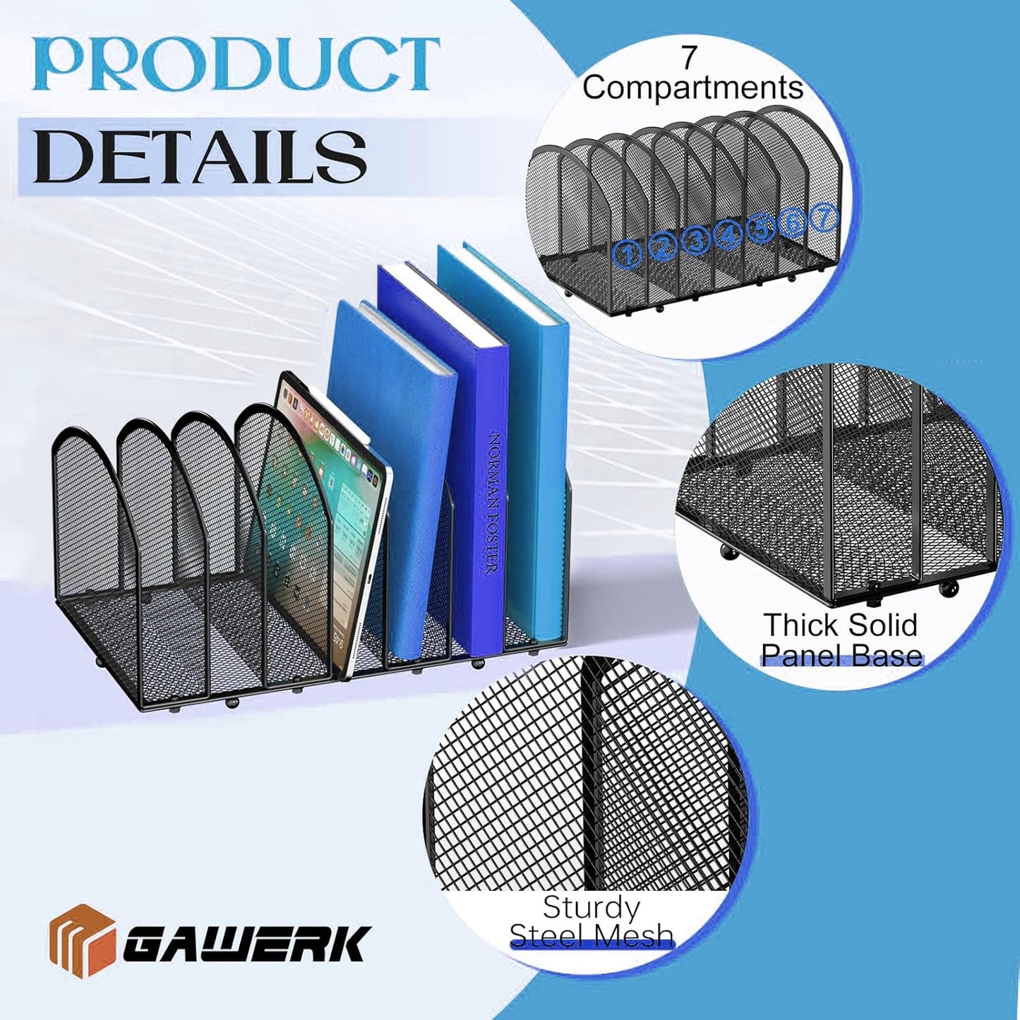 Gawerk 7-Section Desk File Organizer, Mesh Desktop Organizer File Sorter Office Organization Letter Holder, Vertical Desktop File Holder for Office Home, Black