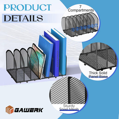 Gawerk 7-Section Desk File Organizer, Mesh Desktop Organizer File Sorter Office Organization Letter Holder, Vertical Desktop File Holder for Office Home, Black