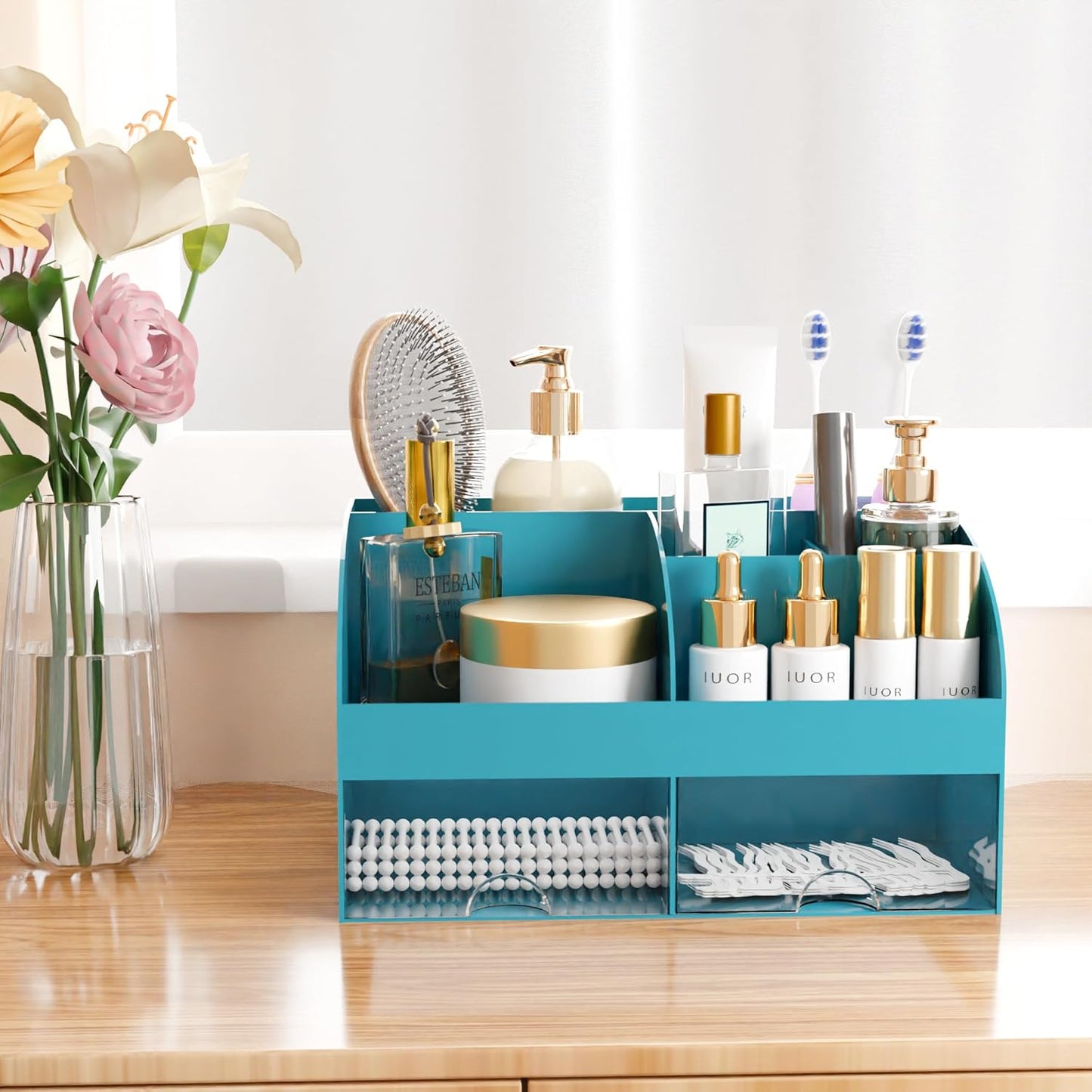 Makeup Organizer with Drawers, Cosmetic Storage for Dresser Vanity and Bathroom Countertop, Beauty Holder for Lipstick Brush, Skincare Organizer for Vanity, Cosmetic Display Case (White)