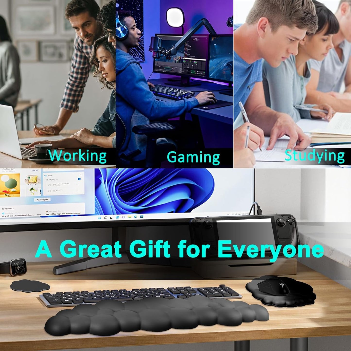 Cloud Keyboard and Mouse Wrist Rest Pad for Computer Arm Pain Relief- Ergonomic Wrist Support Mousepad with Non-Slip PU Base for Office, Gaming, and Home Use Anti-Fatigue(Black)