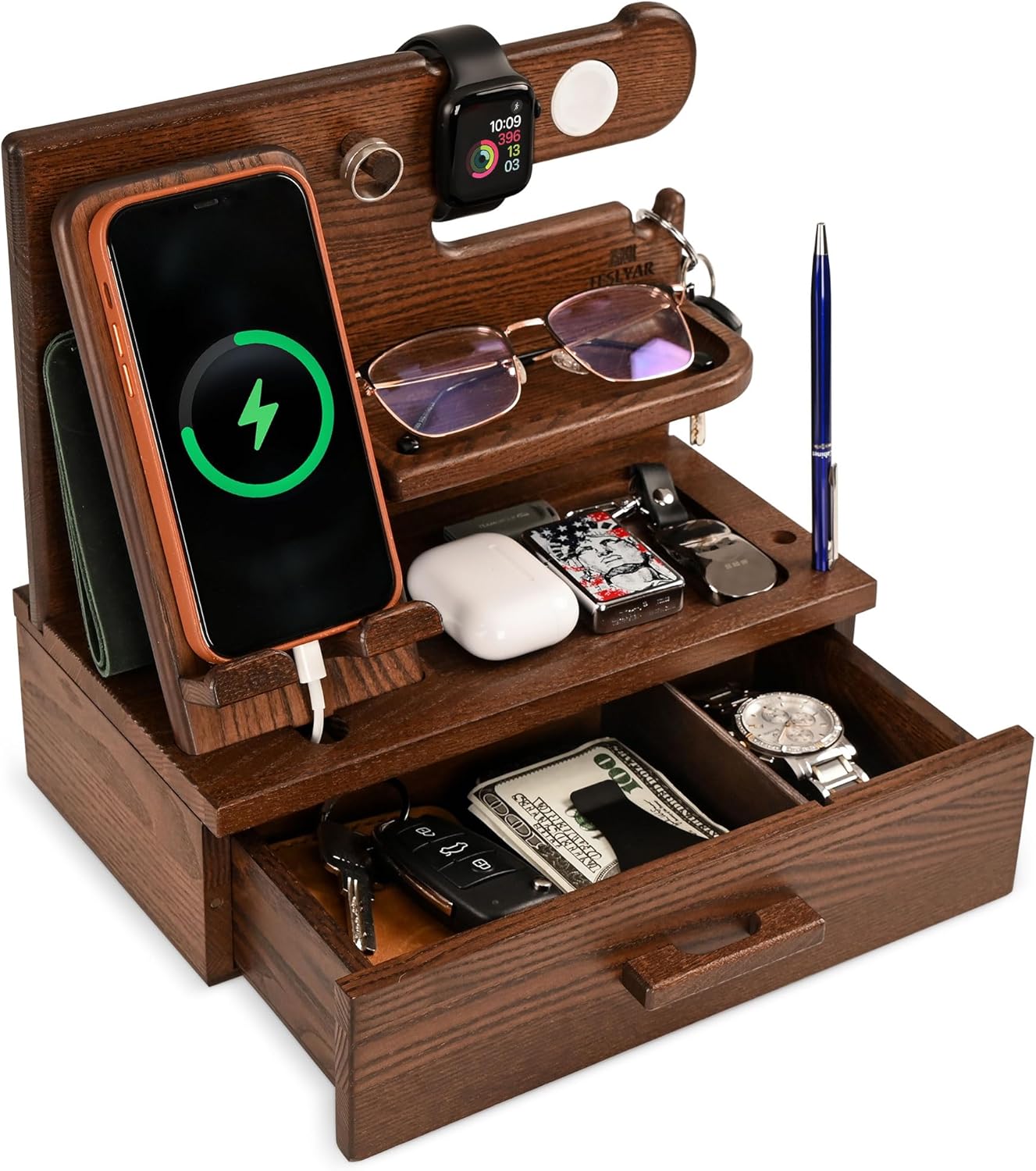 TESLYAR Wood Phone Docking Station with Drawer - Nightstand Organizer - Desk Organizer for Husband - Birthday Gifts for Men, Dad, Anniversary Idea, Key Holder Stand Watch & Accessories (Antique Brown)