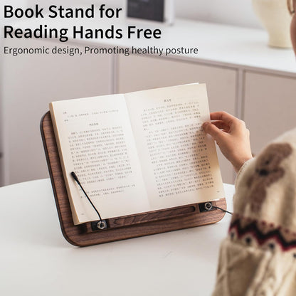 Book Stand for Reading, Mayhas Adjustable Book Holder with 360° Swivel Base&Page Clips, Foldable Desktop Stand for Cookbook, Fits All Books (Walnut, Wood Base)
