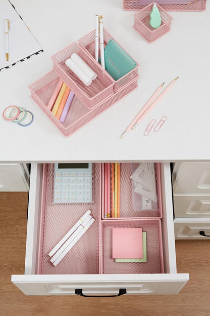Annova Stackable Mesh Drawer Cabinet and Shelf Organizer Bins Storage Basket School Office Supply Holder Tray- Set of 2 (Gold, 3x3x2 Inch)
