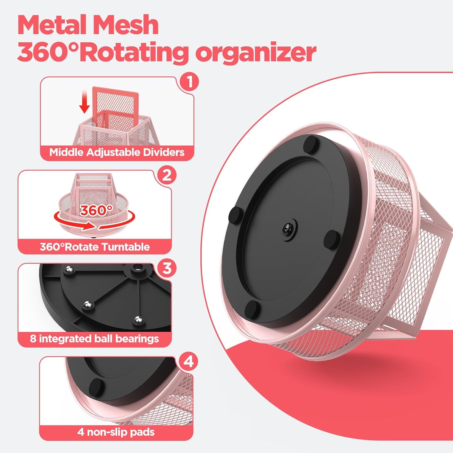 Docnest Mesh 360 Degree Rotating Pen Holder with 6 Compartment,Metal Pencil Cup Art Supply Storage Box Caddy,Teacher Stationery and Dorm Supplies Desk Organizer for Pencil,Sticky Note,Scissors-Pink