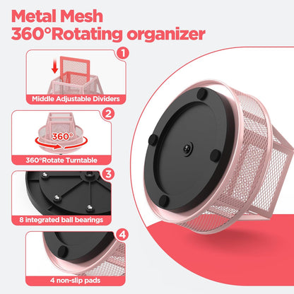 Docnest Mesh 360 Degree Rotating Pen Holder with 6 Compartment,Metal Pencil Cup Art Supply Storage Box Caddy,Teacher Stationery and Dorm Supplies Desk Organizer for Pencil,Sticky Note,Scissors-Pink
