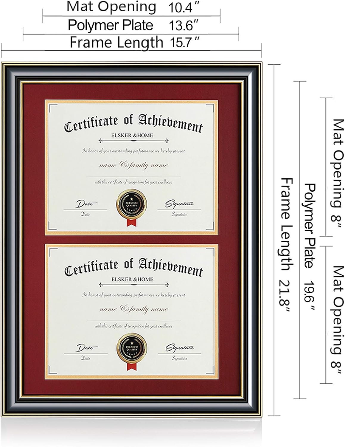 ELSKER&HOME Diploma Frame - Wide Solid Wood Frame - Black Velvet Golden Rim Mat - Semi-Tempered Glass - Includes Hanging Hardware and Desktop Easel(ONLY Display 11×14 Document/Certificate)