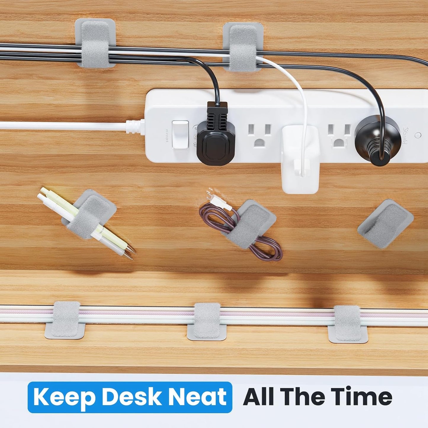 Cable Management Under Desk, 【Up to 15 Cord】【Enhanced Wire Holder】 Cord Organizer, Adjustable Hook and Loop Cable Ties, Home Office Essentials, Cable Hider Clips Under Table, 20 Pair