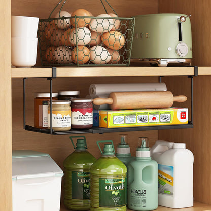 1 Pack Expandable Under Cabinet Shelf, Under Shelf Basket with 0.94 Inches Thick Clips for Kitchen Cupboard, Metal Hanging Under Desk Basket for Laundry Room, Cabinet, Shoe Rack