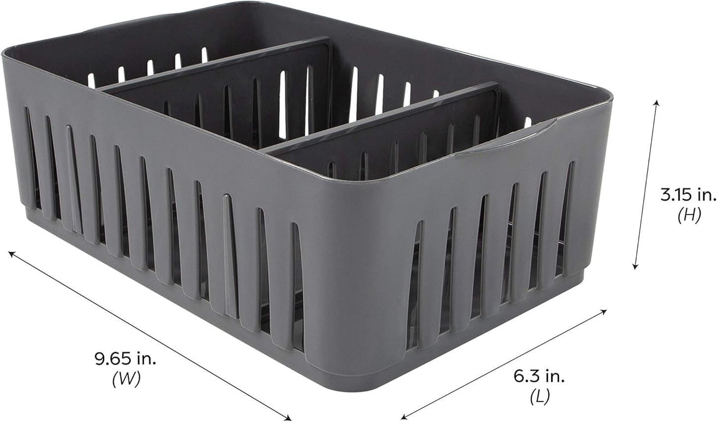 Simplify 4 Compartment Stackable Bin with Adjustable Dividers | Drawer Organizer | Storage Basket | Good for Office | Desk Supplies | Dorm |Bathroom | Accessories | Make Up | Grey