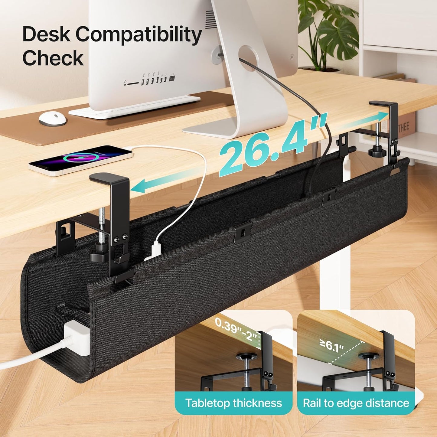 PEGZONE No Drill Under Desk Cable Management Tray, 31.5" Cord Management Under Desk for Table, Clamp Mount Desk Cable Management, Premium Fabric Wire Management Tray for Office, Home