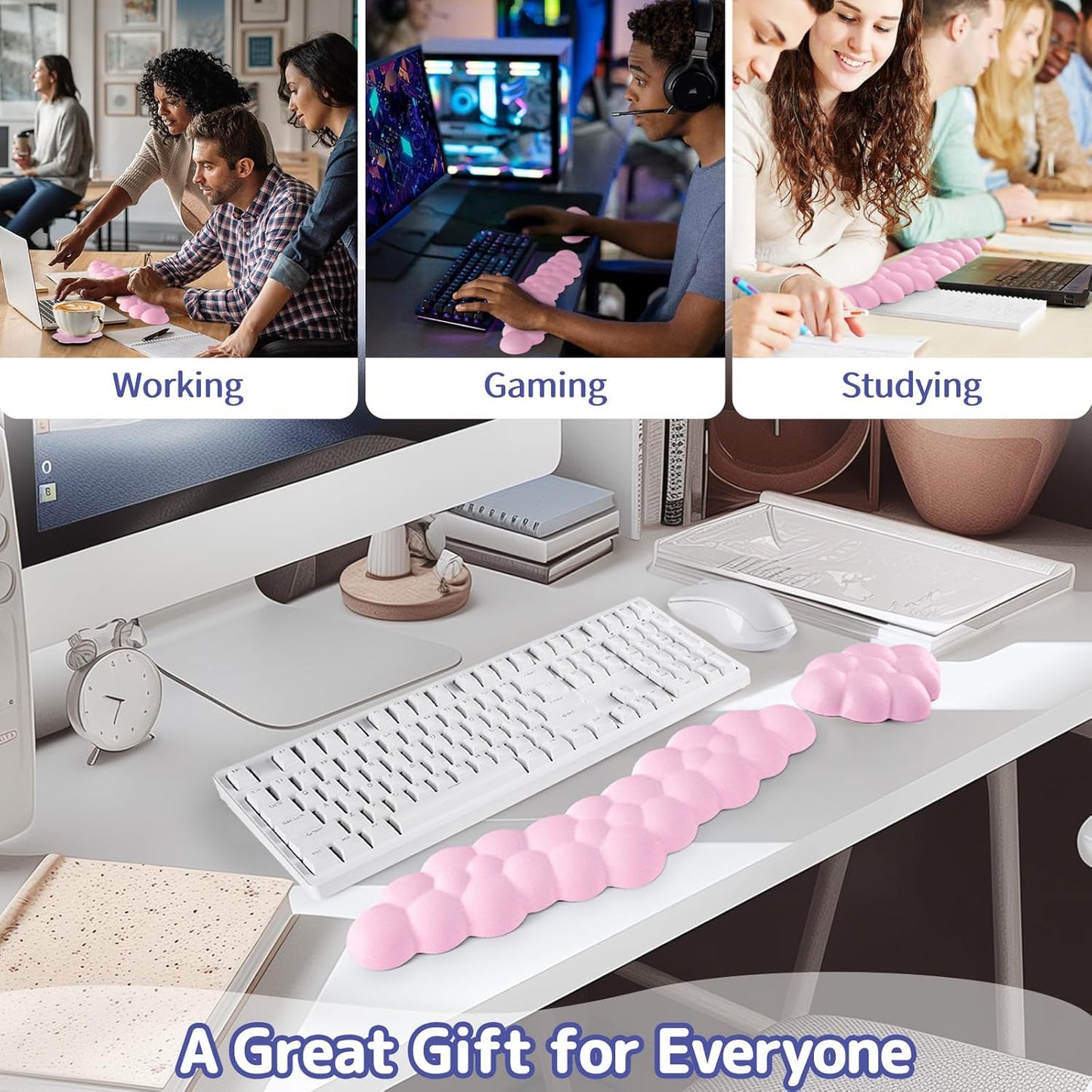 Sushret Cloud Wrist Rest for Keyboard and Mouse, Memory Foam PU Leather Keyboard Wrist Rest with Ergonomic Support, Non-Slip Base, Cute Arm Rest Pad & Palm Cushion, Office Desk Accessory, White