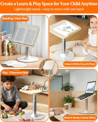 2-in-1 Kids Reading Stand for Books and Tablets,Adjustable Angle Height Book Holder with Book Clip,Kid-Friendly Ergonomic Book Holder for Toddlers,Laptop Riser Stand for Homeschool Floor Couch Bed Car