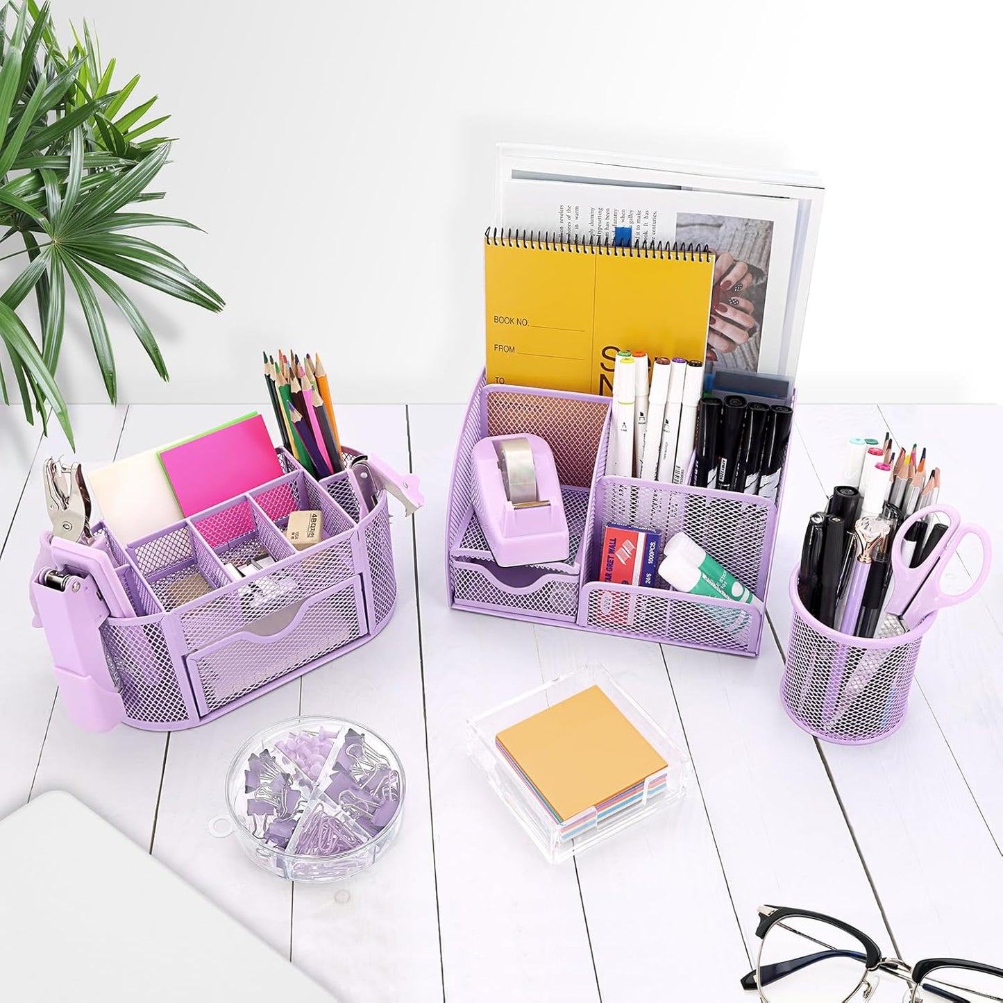 17 in1 Silvery Desk Organizers and Accessories Set, 3 Office Desk Supplies Storage Organization, 4 Pens, Stapler, Staples & Remover, Tape & Dispenser, Scissors, Ruler, Clips, Hole Punch Back to School