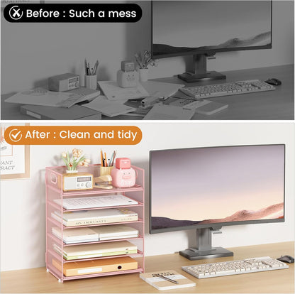 Subekyu 6 Tier Office File Paper Desk Tray Organizer with Handle, Stackable Slide Mesh Letter Tray Folder Blue Desk Organizer, Desktop Document Sorter for Classroom, Office, Home Supplies Storage