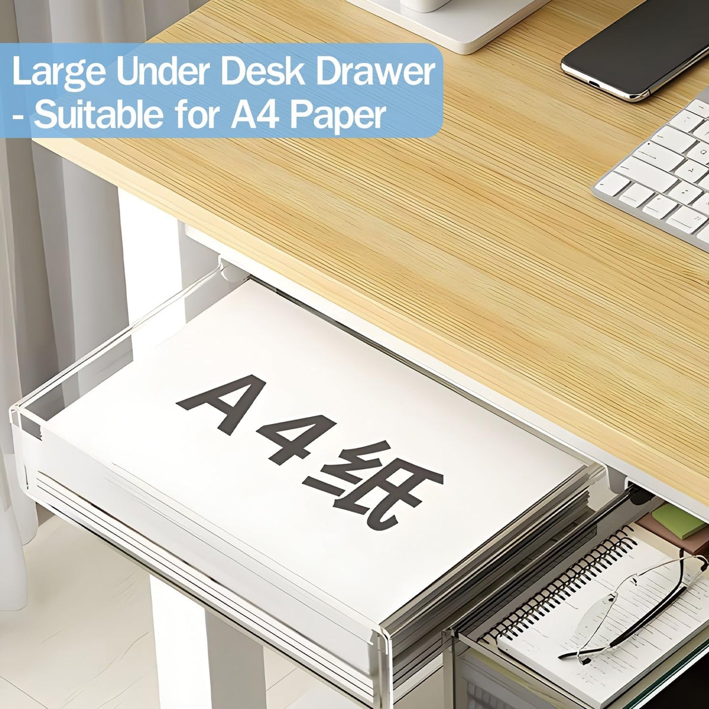SVNNELP Large Under Desk Table Drawer Storage Organizer A4,Desk Accessories & Workspace Organizers,Hidden Self-Adhesive Under Table Pencil Tray Drawer for Office(Clear White)