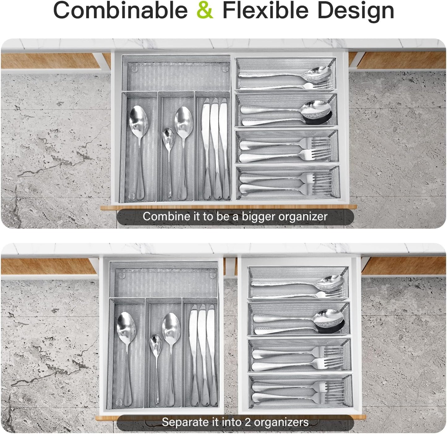 Neudeco Drawer Organizer Set 6 Pack - 5-Compartment Silverware Organizer Tray + 5 Utensil Trays, Kitchen Drawer Organizer for Flatware, Cutlery, Office Supplies, Black Mesh, Non-Slip.