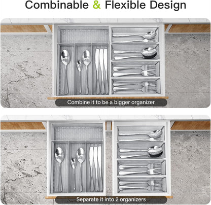 Neudeco Drawer Organizer Set 6 Pack - 5-Compartment Silverware Organizer Tray + 5 Utensil Trays, Kitchen Drawer Organizer for Flatware, Cutlery, Office Supplies, Black Mesh, Non-Slip.