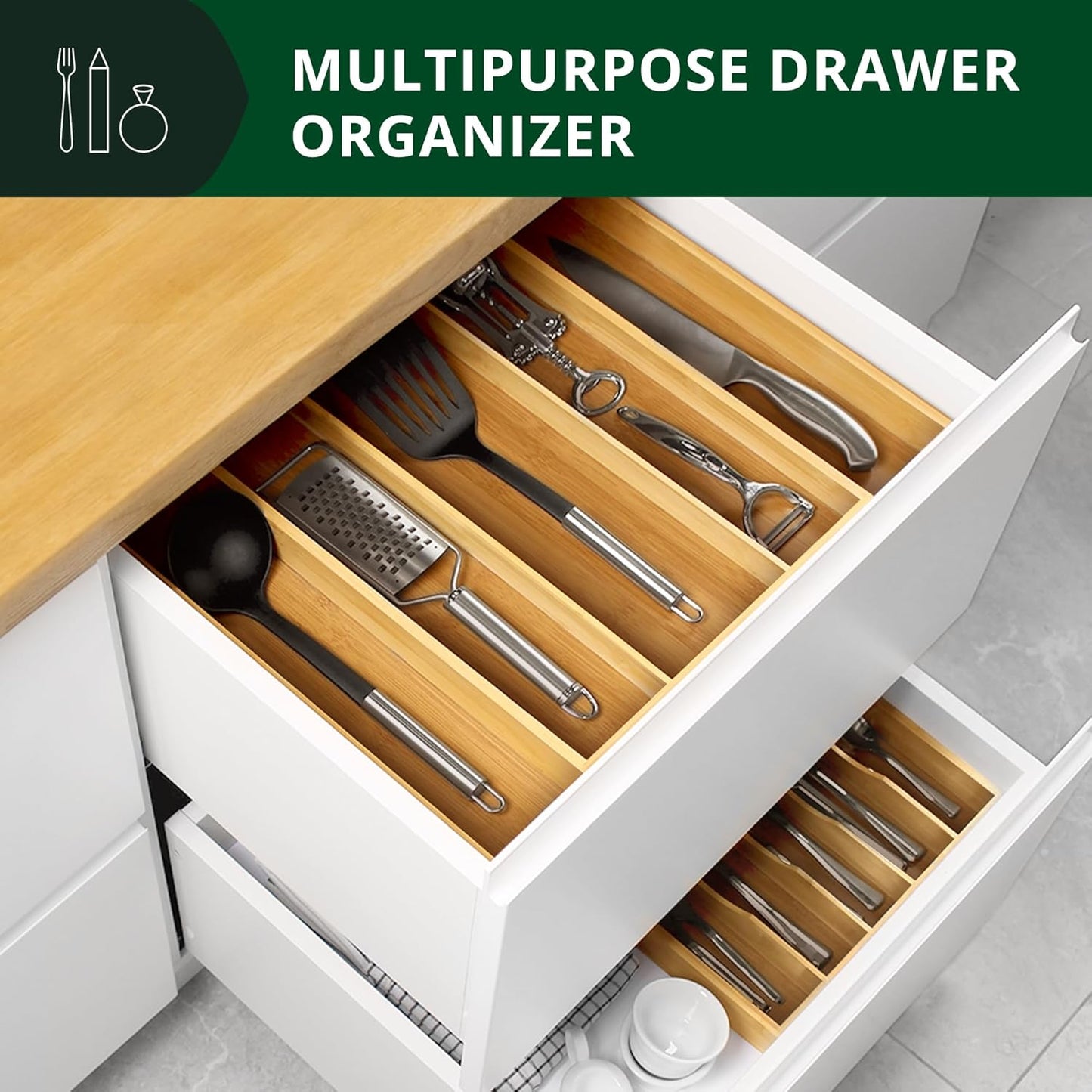 ROYAL CRAFT WOOD Luxury Bamboo Kitchen Drawer Organizer - Silverware Organizer, Utensil Holder & Cutlery Tray Drawer Dividers for Flatware (9 Slot, Natural)