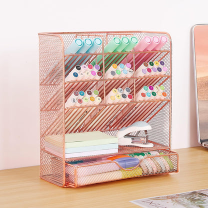 Spacrea Pen Holder Desk Organizer - Desk Organizers and Accessories, Pencil Holder with 10 Compartments and 1 Drawer（Rose Gold）