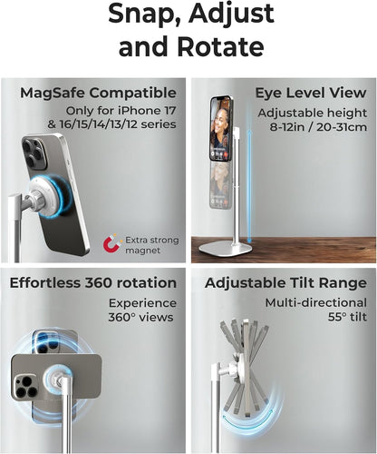 COOPER MagStand, Adjustable Magnetic iPhone Stand for Desk & Phone Holder for Video Recording, Compatible with MagSafe, Stand for iPhone 17 Pro Max, 16/15/14/13/12, Small Mag Safe Tripod (Black)
