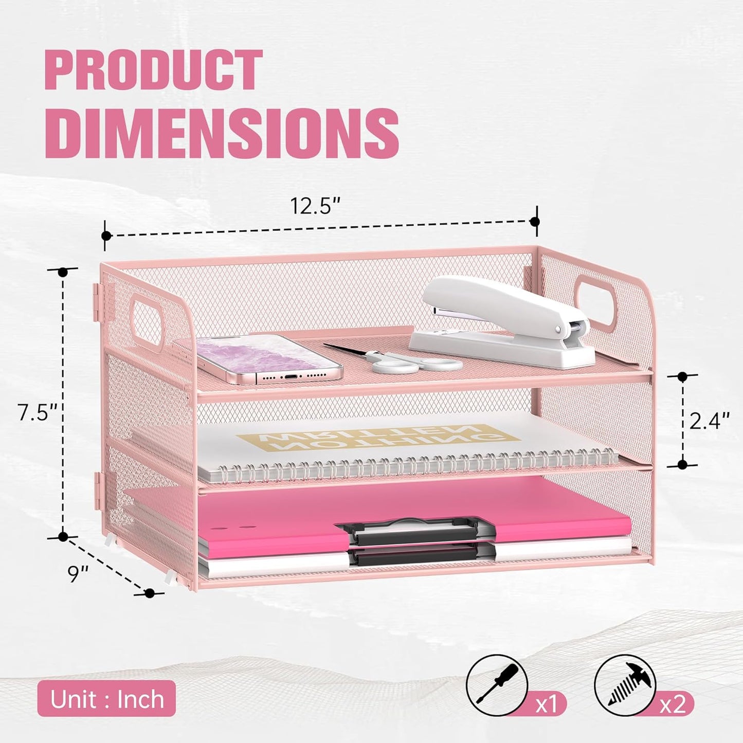 DALTACK 3 Tier Paper Organizer with Handle, Mesh Metal Desk Organizer with Sliding Paper Trays for Letter/A4 Paper, Mail, Bills & Folders, Black
