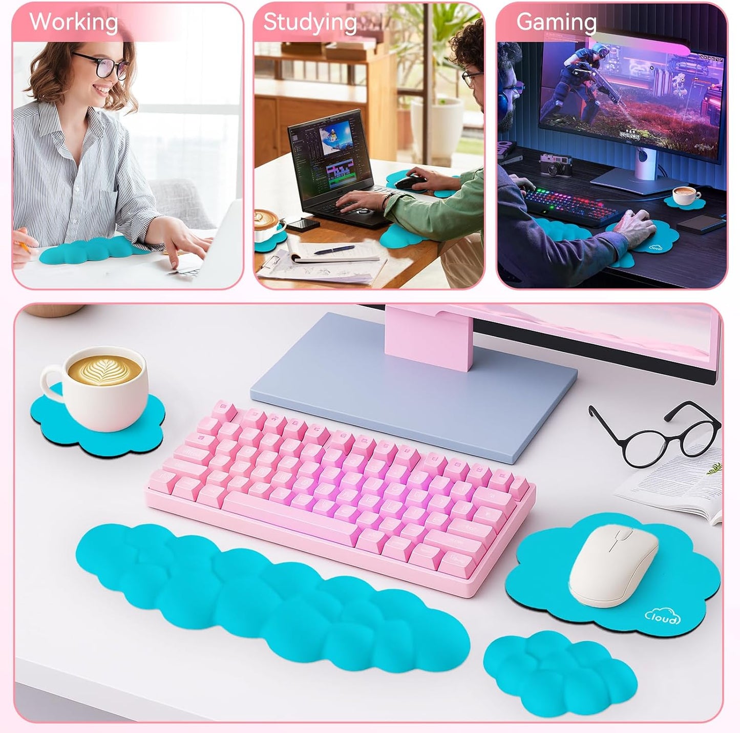 Sushret Cloud Wrist Rest for Computer Keyboard, 4-in-1 Memory Foam Leather Cloud Keyboard Wrist Rest and Mouse Pad Set with Ergonomic Support for Arm and Palm Cushion, Gaming/Work Setup, Rainbow
